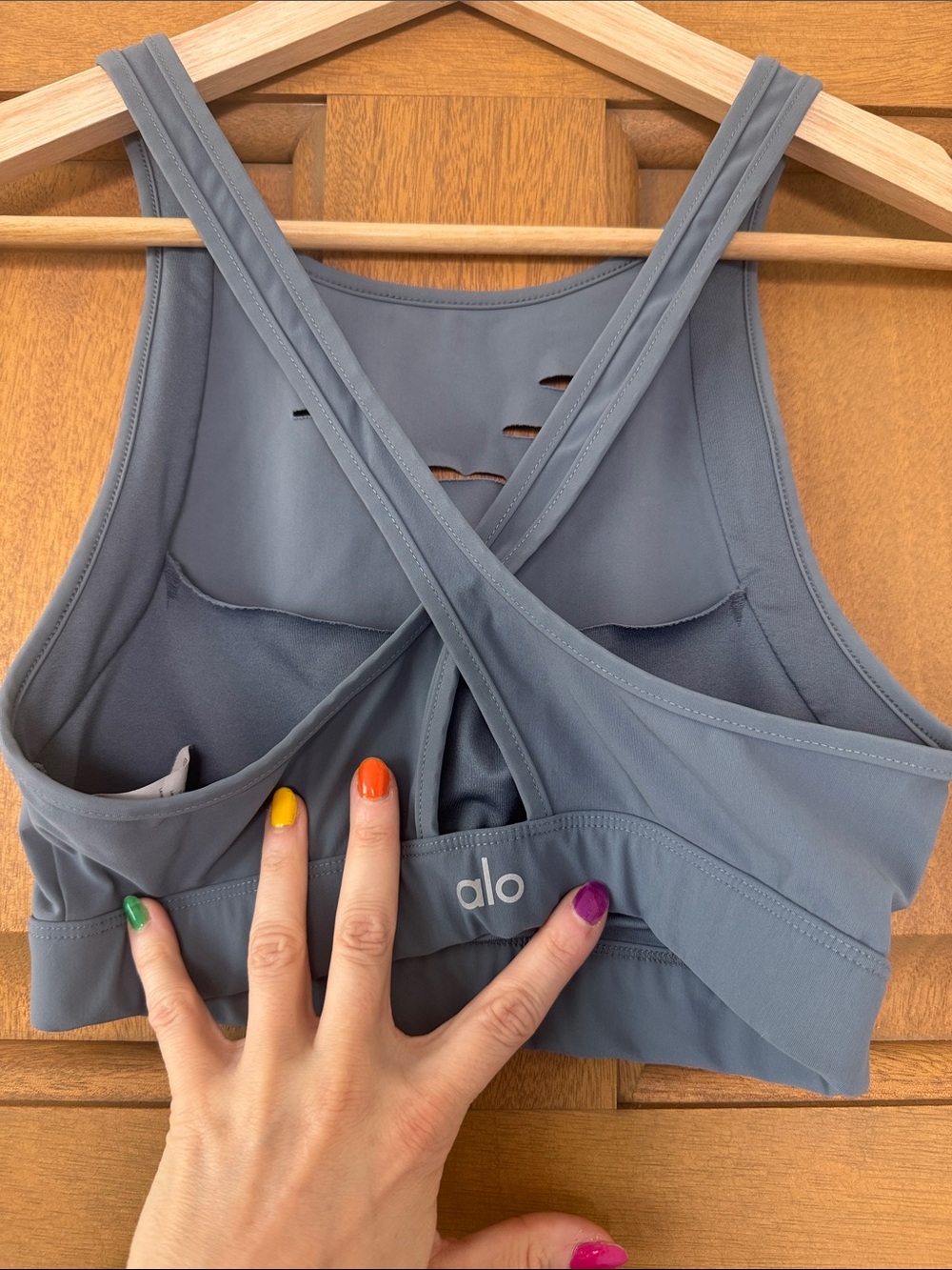 ALO Yoga Dusty Blue High-Neck Cutout Sports Bra - Picture 2 of 3